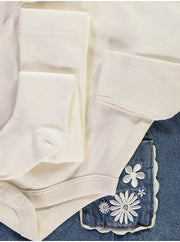 Embroidered Denim Pinafore Bodysuit and Tights Outfit